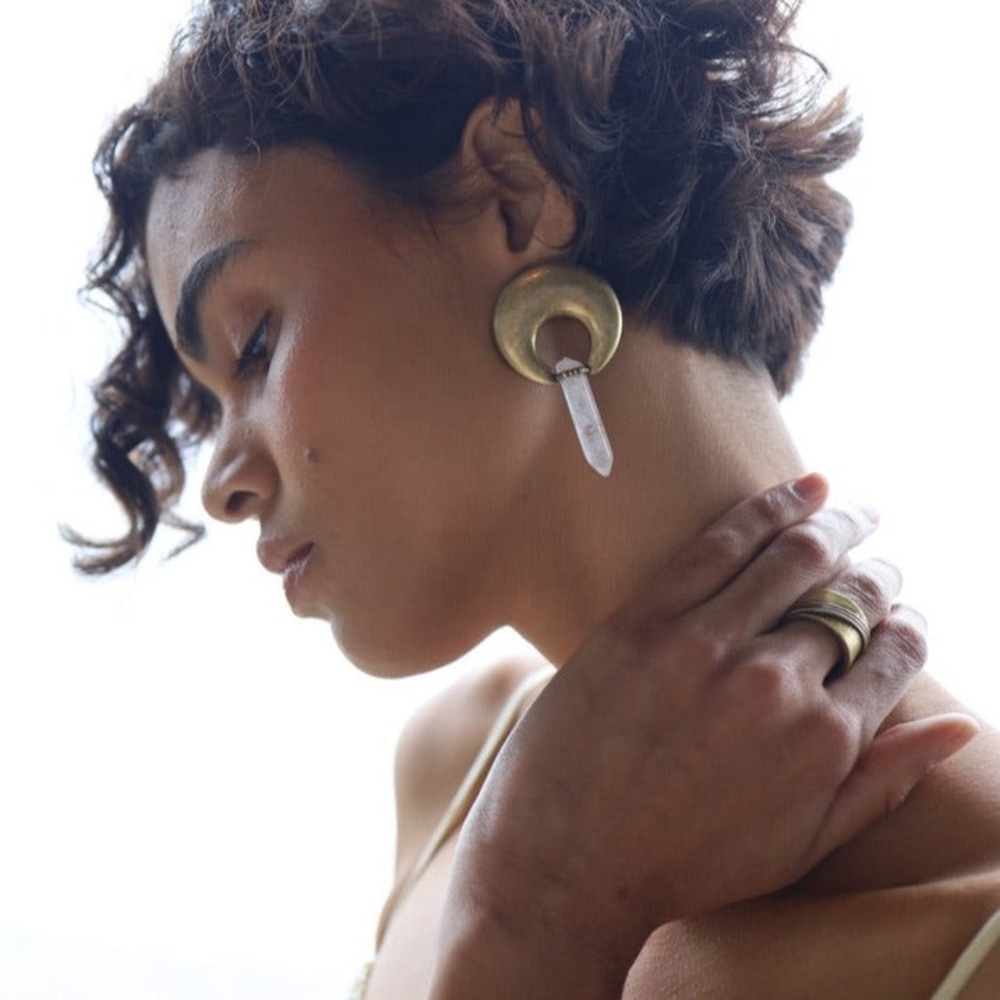 House of Harlow Gold and Clear Crystal Quartz Horn Earrings worn once